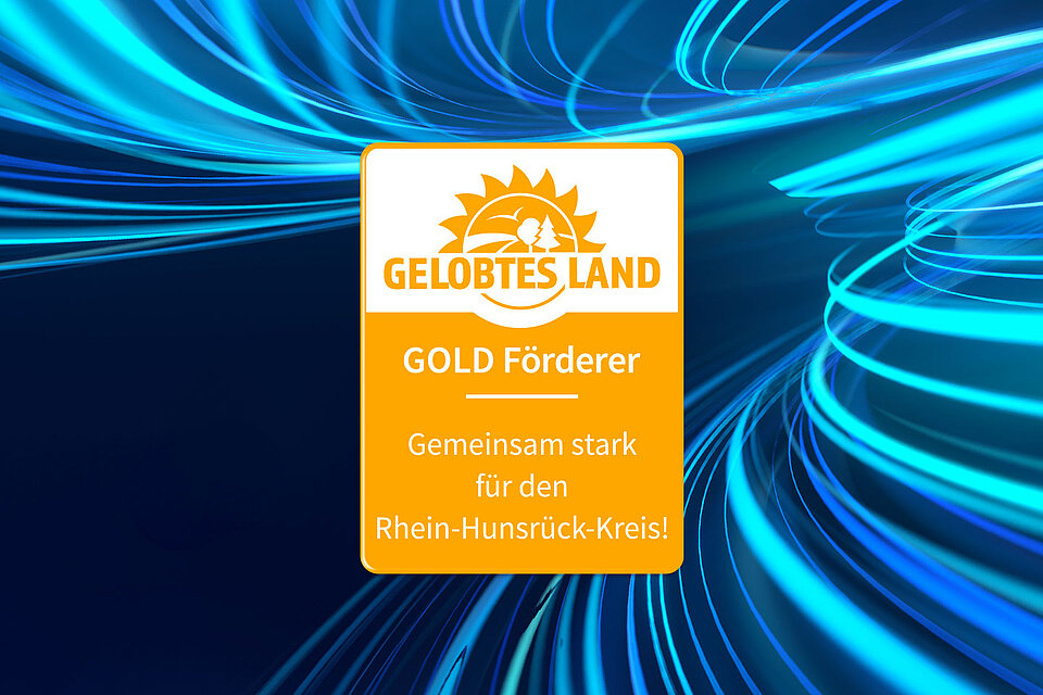 Background mit blauem Energiestrudel und GOLD-Siegel von GELOBTES LAND