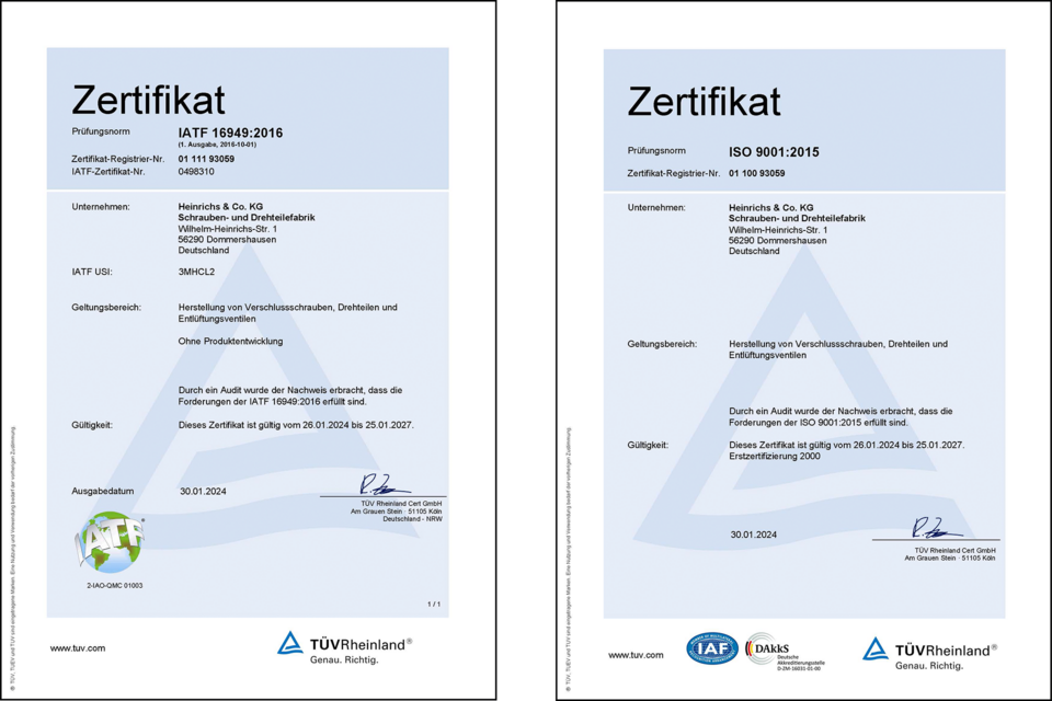 Zwei Zertifikate für die Herstellung von Verschlussschrauben, Drehteilen und Entlüftungsventilen